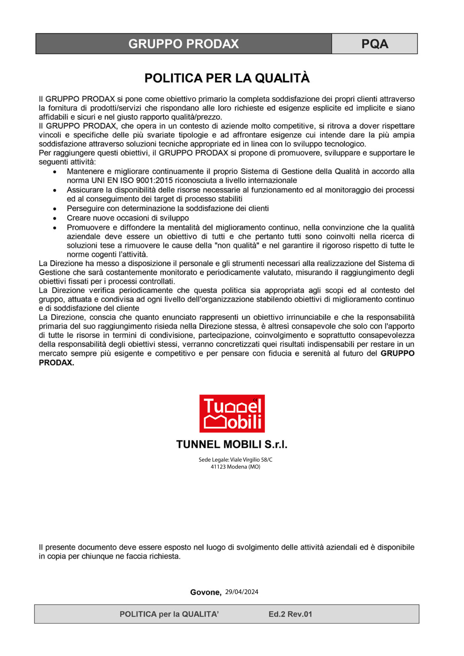 Certificazione Tunnel Mobili